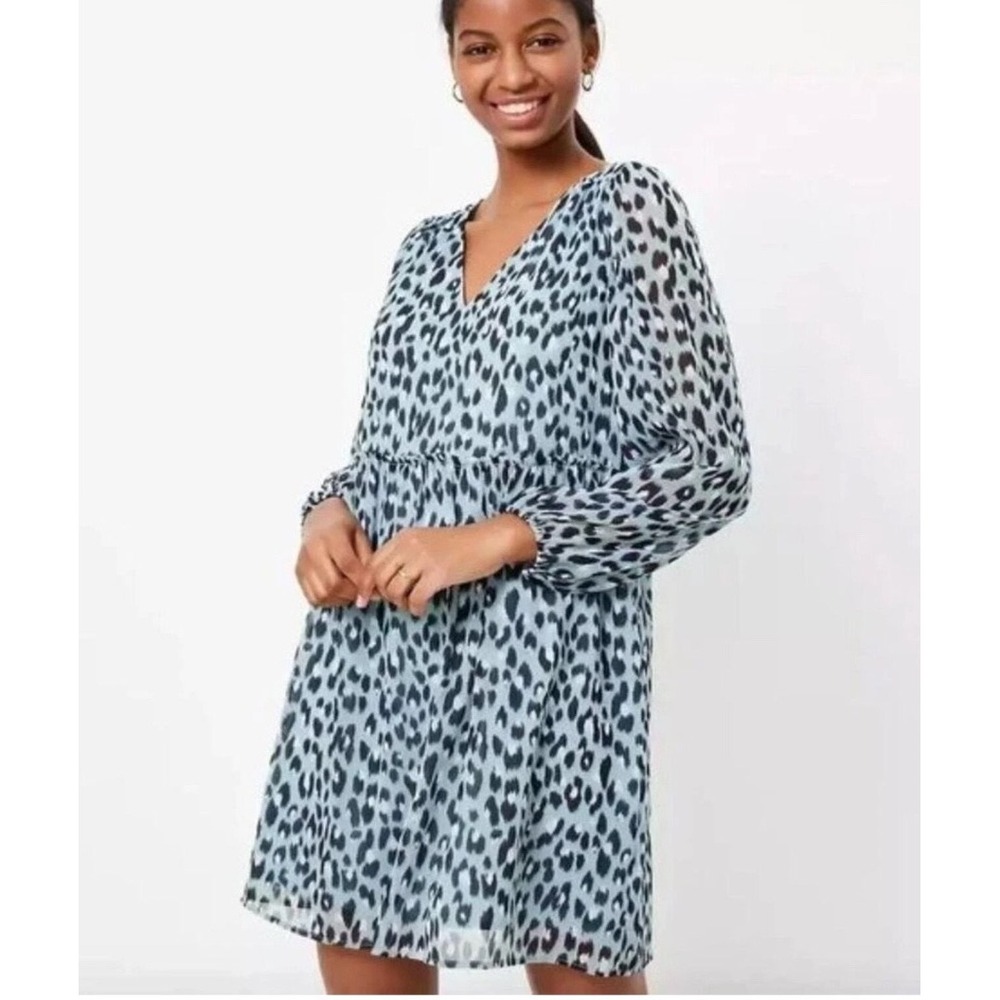 LOFT Shift Dress Womens XL Blue Excellent Leopard Print Drop‎ Waist V-Neck